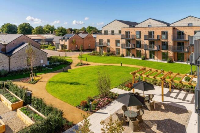 Village green and communal garden with large terrace